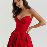 Midi strapless dress with a full skirt