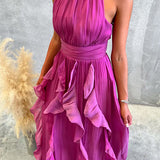 Halter Neck Maxi Dress with Fitted Waist and Ruffles