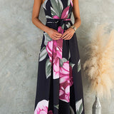 Strapless dress with a knotted waist, wide leg, and floral print