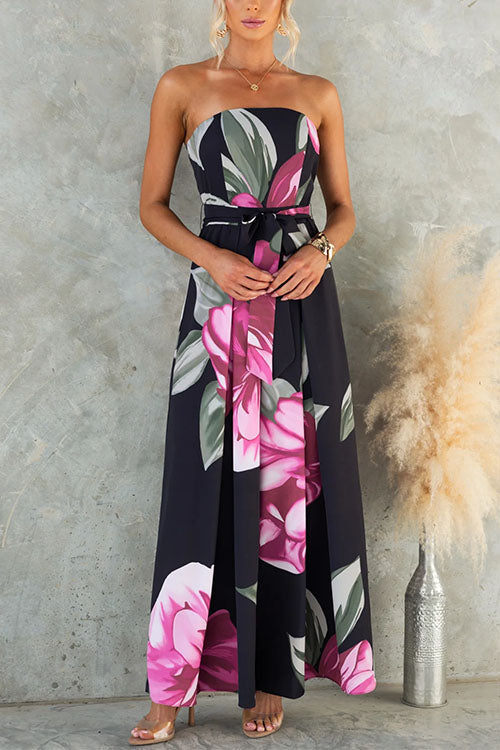 Strapless dress with a knotted waist, wide leg, and floral print