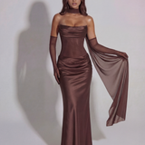 Satin Long Dress with Draped Neckline