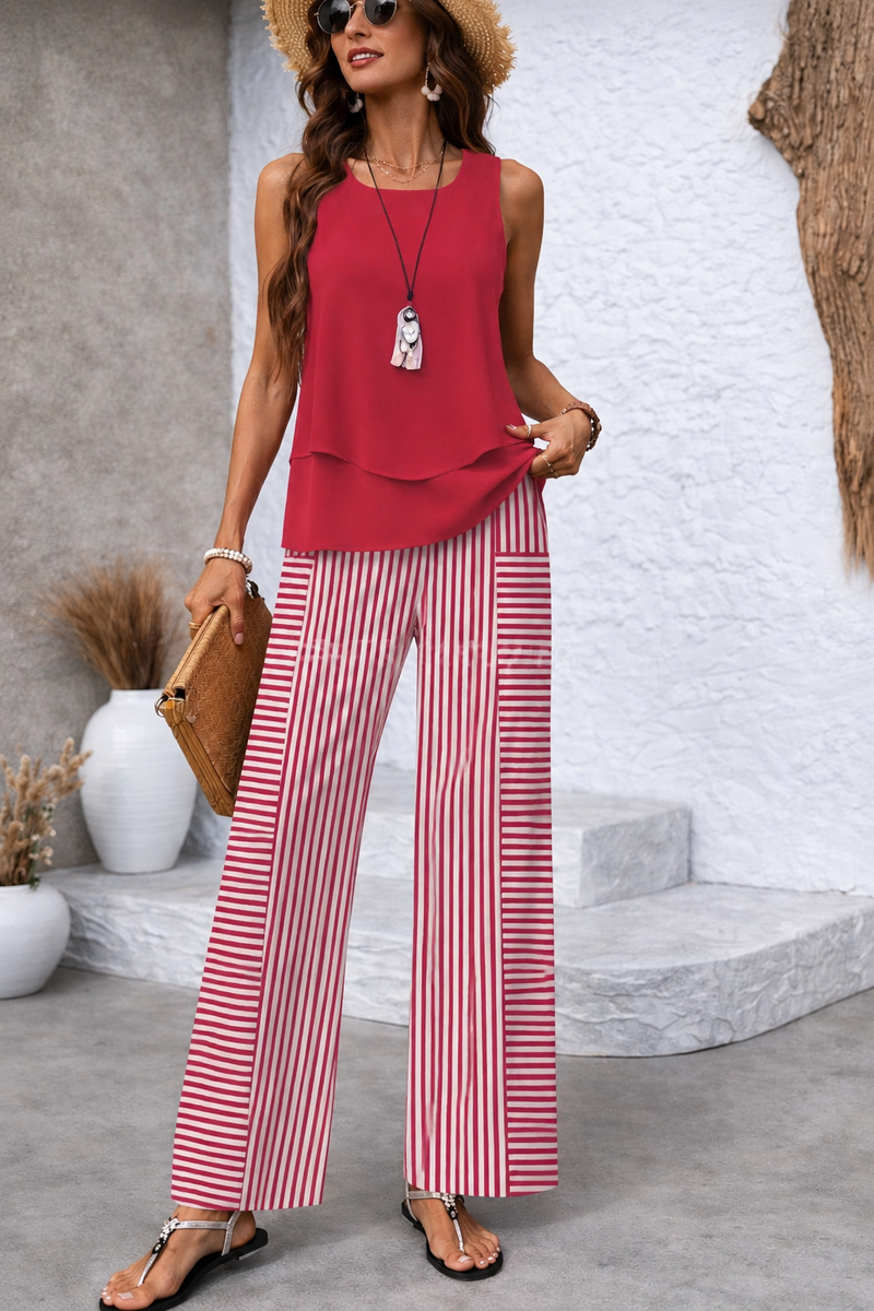 Ramona™ | Pink Set with Solid Top and Striped Pants