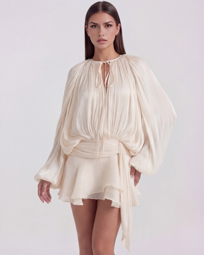 Fluid Short Dress with Puff Sleeves