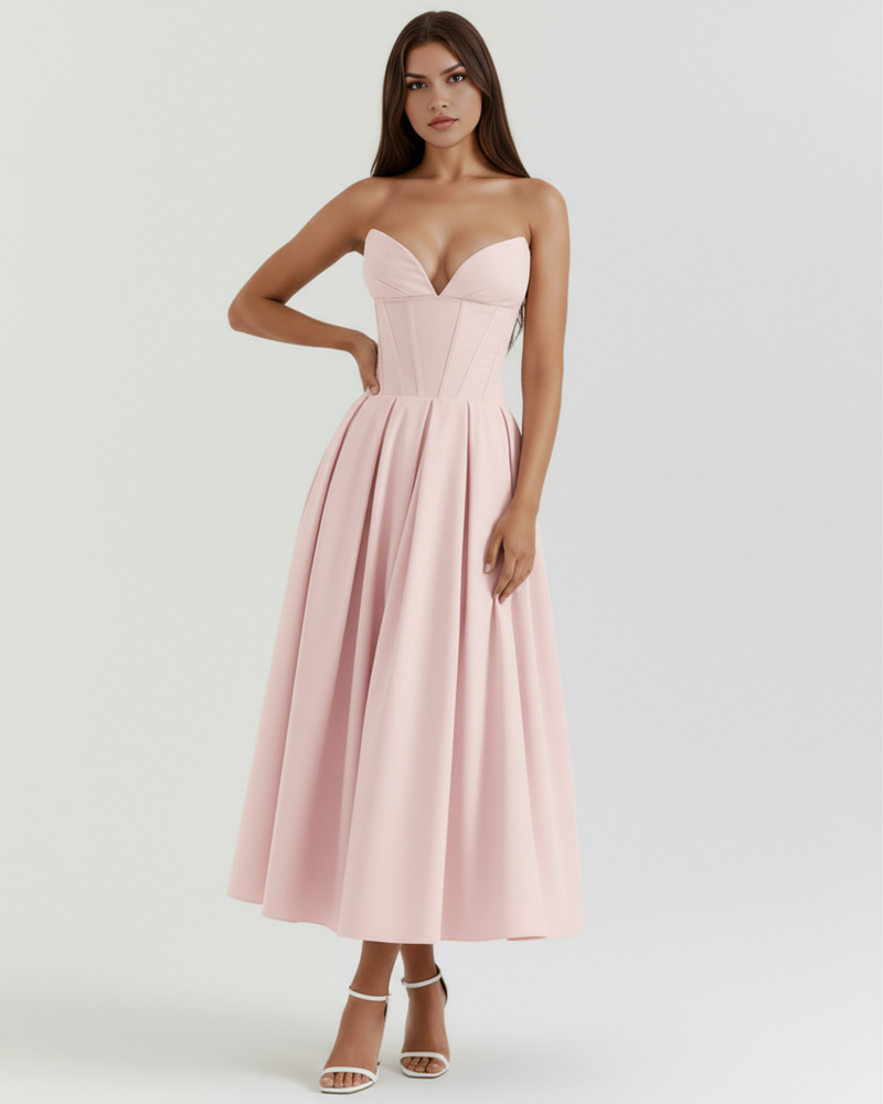 Midi strapless dress with a full skirt