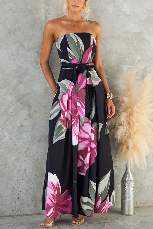 Strapless dress with a knotted waist, wide leg, and floral print