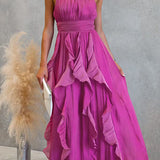 Maxi dress with halter neck and flowing ruffles