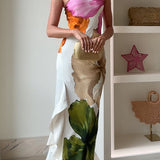 One-Shoulder Floral Print Maxi Dress with Side Draping, Ruffle, and Slit