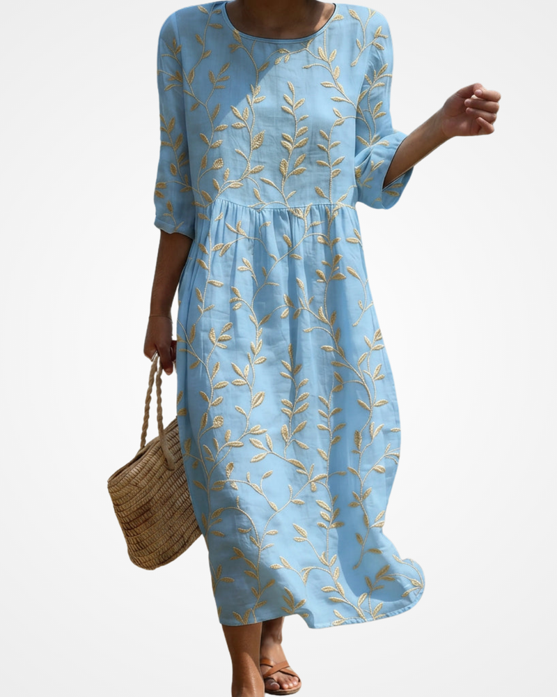 Natalia - Midi Dress with Round Neck and Embroidery
