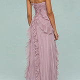 Margovil Maxi Pleated Dress with Straps and Halter Neck, Ruffled Trim and Asymmetrical Hem