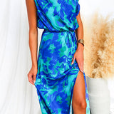 One-Shoulder Floral Maxi Dress with Tied Waist and Slit