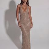 Shiny Long Dress with Halter Neckline