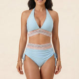 High-waisted bikini with halter top and elastic detail