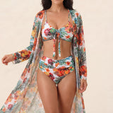 Tropical bikini set with flowing kimono