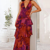 Dress with Floral Print and Deep Neckline