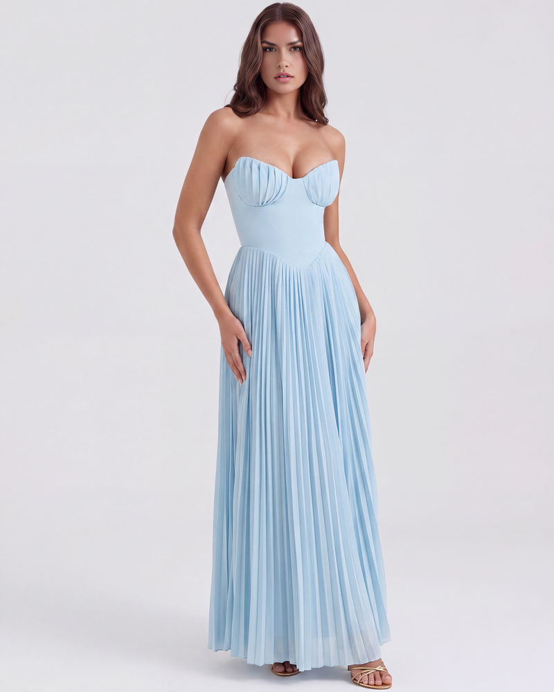 Long pleated dress with sweetheart neckline