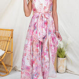 Strapless Floral Print Dress with Waist Tie and Leg Opening, Wide Leg