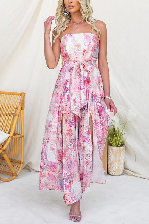 Strapless Floral Print Dress with Waist Tie and Leg Opening, Wide Leg
