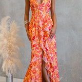 Maxi cami dress with open back, cutouts, floral print, ruffle, and side slit