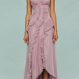 Margovil Maxi Pleated Dress with Straps and Halter Neck, Ruffled Trim and Asymmetrical Hem