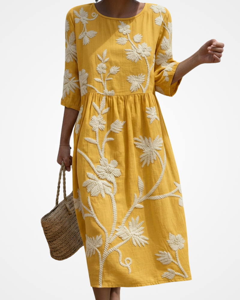 Lara - Midi Dress with Plant and Flower Embroidery