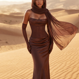 Satin Long Dress with Draped Neckline