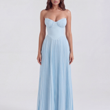 Long pleated dress with sweetheart neckline