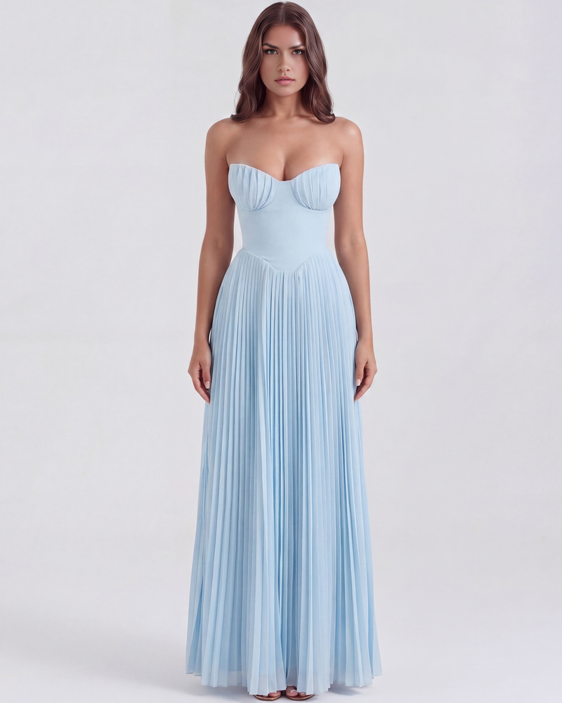 Long pleated dress with sweetheart neckline