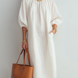 Relaxed Fit Cream Midi Dress