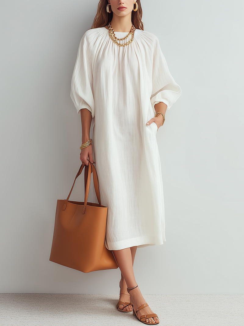 Relaxed Fit Cream Midi Dress
