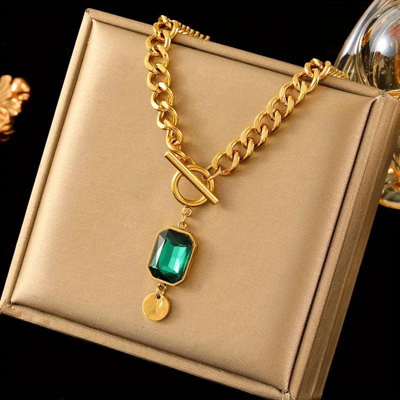 LUCI | Thick Chain Pendant Necklace with Emerald Gold
