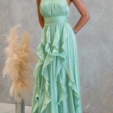 Halter Neck Maxi Dress with Fitted Waist and Ruffles