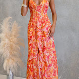 Maxi cami dress with open back, cutouts, floral print, ruffle, and side slit