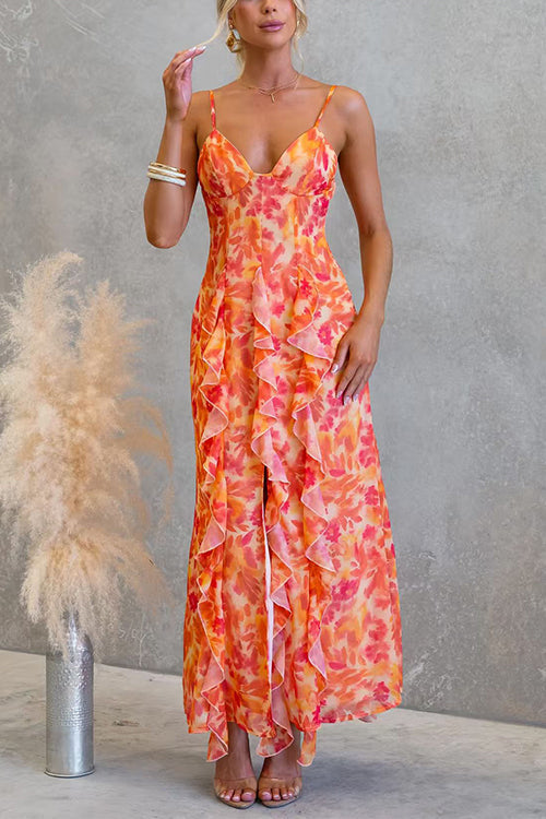 Maxi cami dress with open back, cutouts, floral print, ruffle, and side slit