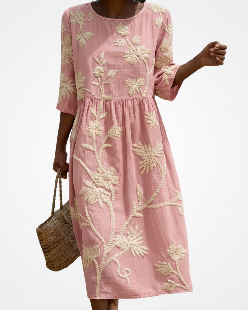 Paula - Midi Dress with Plant and Flower Embroidery