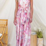 Strapless Floral Print Dress with Waist Tie and Leg Opening, Wide Leg