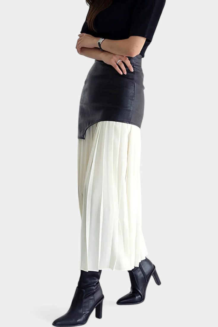 Noelle Asymmetrical Maxi Skirt in Chiffon and Synthetic Leather