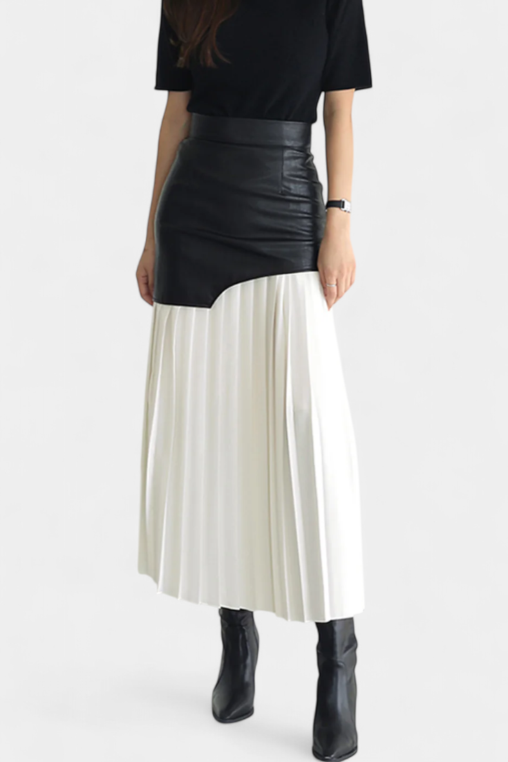 Noelle Asymmetrical Maxi Skirt in Chiffon and Synthetic Leather