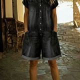 Elvora™ | Denim Jumpsuit with Collar and Short Sleeves
