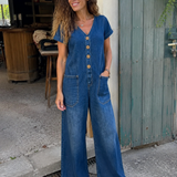 Denise™ | Denim Jumpsuit with V-Neck and Short Sleeves