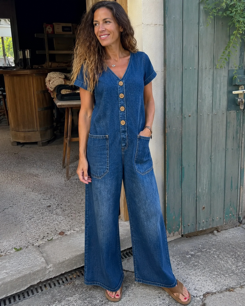 Denise™ | Denim Jumpsuit with V-Neck and Short Sleeves