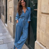 Nadia™ | Denim Jumpsuit with Waist Belt and Long Sleeves