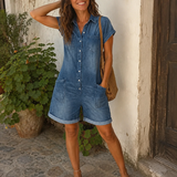 Elvora™ | Denim Jumpsuit with Collar and Short Sleeves