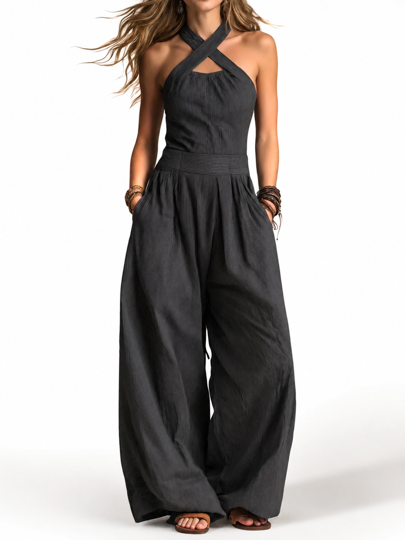 White | Elegant Linen and Cotton Jumpsuit with Crossed Neckline