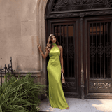 Long satin dress with halter neck Green