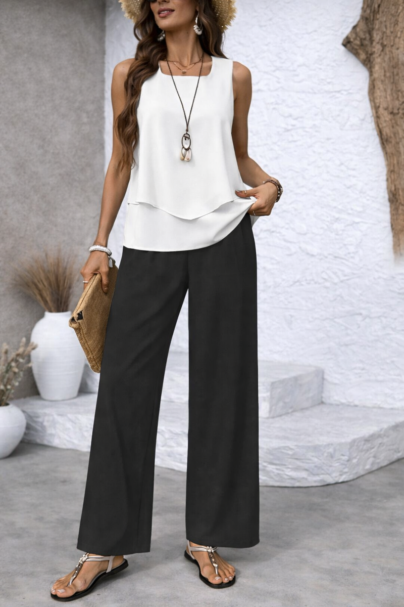 Gregoria™ | Two-Tone Set White Blouse and Black Pants
