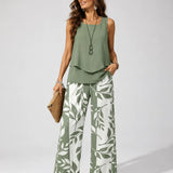 Petronila™ | Sage Green Botanical Blouse and Pants Set