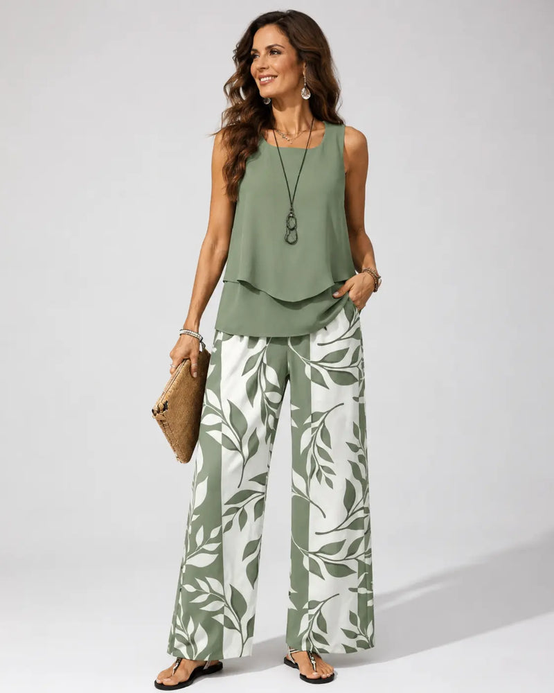 Petronila™ | Sage Green Botanical Blouse and Pants Set