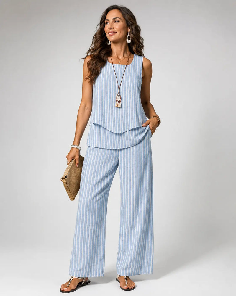 Nicolasa™ | Blue Striped Top and Wide Leg Pants Set