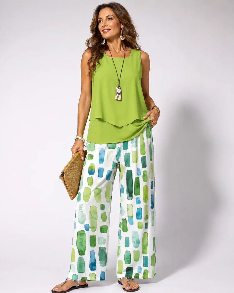 Sabina™ | Green Top and Geometric Pants Set