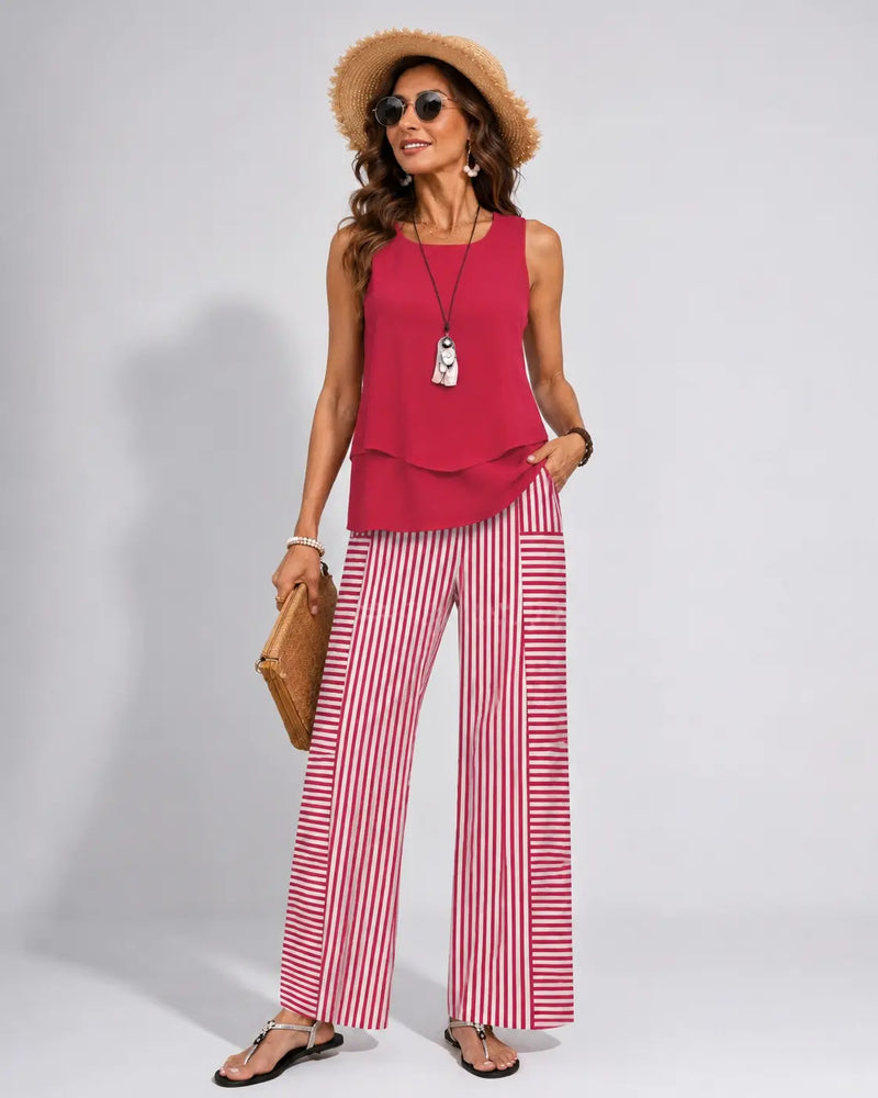 Ramona™ | Pink Set with Solid Top and Striped Pants